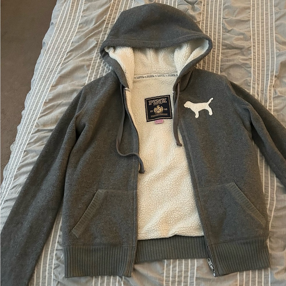 Grey fleece, full zip sweater with hood by PINK.